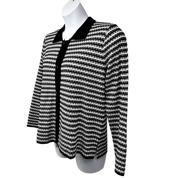 Misook Vintage 90s Black White Ribbed Knit Button Up Sweater Shirt Large Stretch - Picture 3 of 8